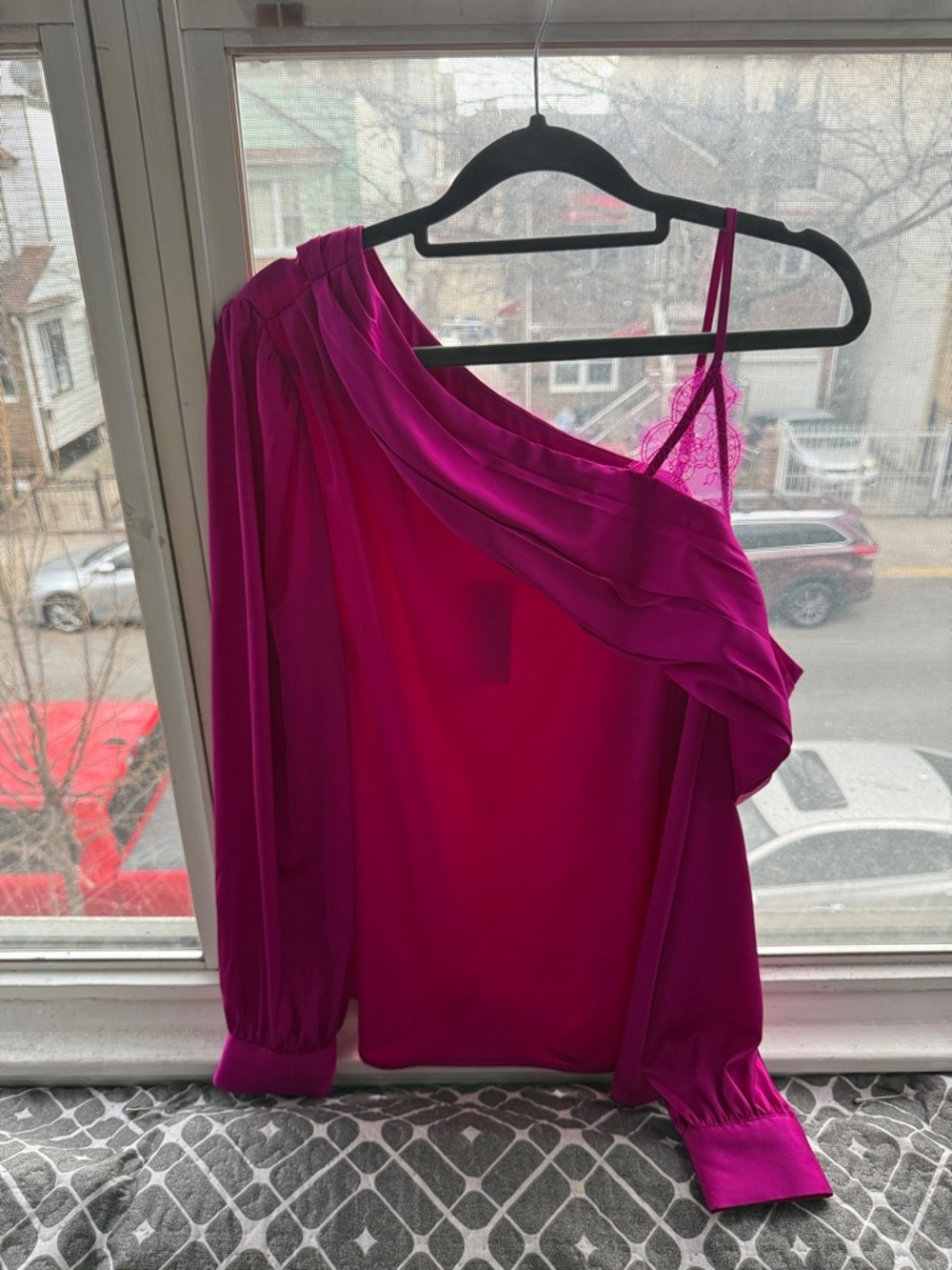 INC International Concepts Fuchsia One-Shoulder Satin-Look Top